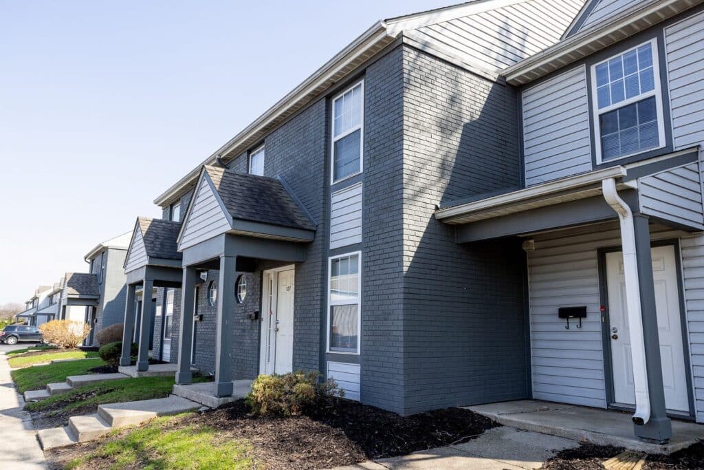 Front entrance exterior of Burberry Place Apartments in East Lafayette Indiana